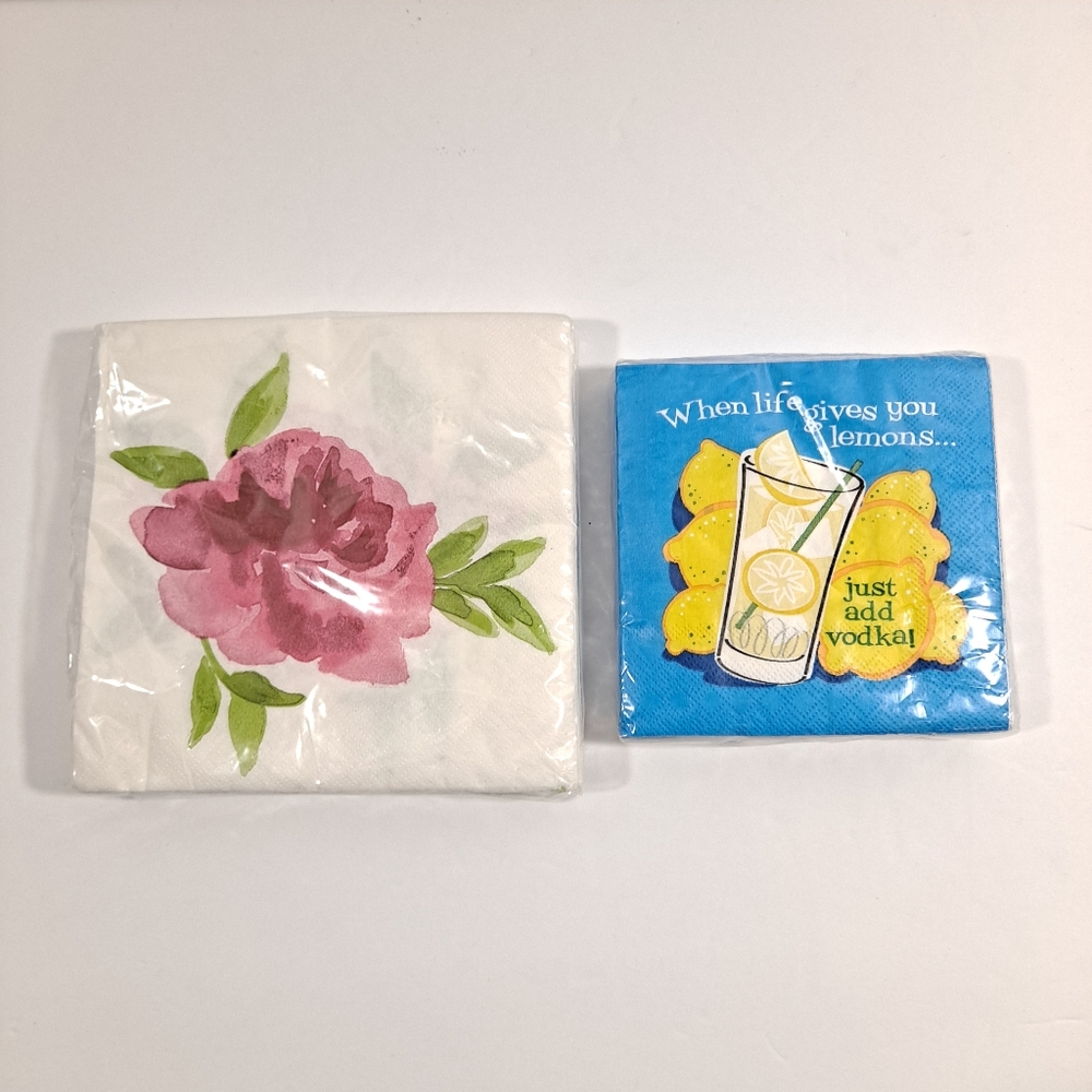 Cape Shore & Spritz Beverage Napkins Lemons Roses Lot of 2 USA NIP
